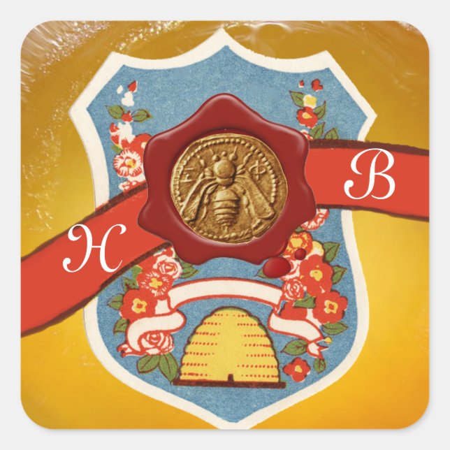 STICKER CARRÉ HONEY BEE, BEEKEEPER RED WAX SEAL CREST MONOGRAMME (Devant)