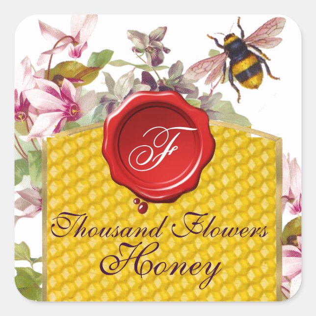 STICKER CARRÉ HONEY BEE, CYCLAMEN FLEURS RED WAX SEAL MONOGRAMME (Devant)