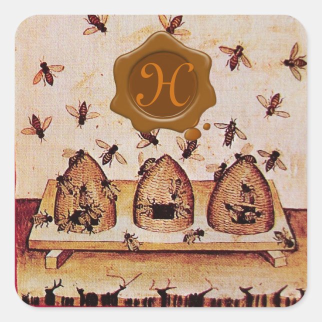 STICKER CARRÉ HONEY BEE, MONOGRAMME DE SCEAU DE CIRE BROWN (Devant)