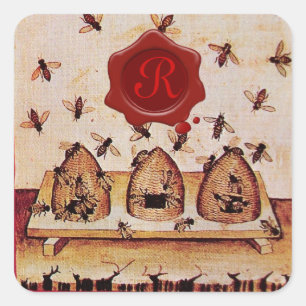 STICKER CARRÉ HONEY BEE, MONOGRAMME DE SCEAU DE CIRE ROUGE