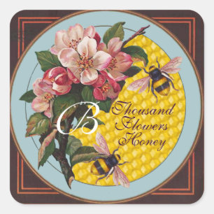 STICKER CARRÉ HONEY BEES AVEC MONOGRAM ROSE SAUVAGE