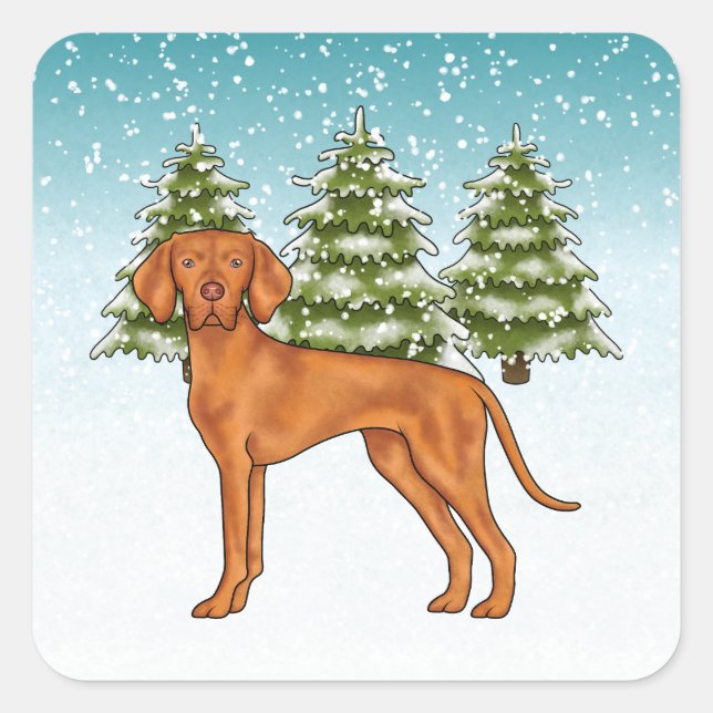 Sticker Carré Hongrois Vizsla Chien Snowy Winter Forest Festin (Devant)