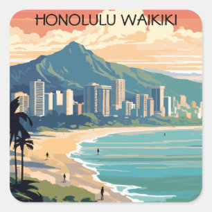 Sticker Carré Honolulu Waikiki Beach Hawaii Panorama