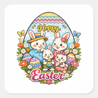 Sticker Carré Hoppy Easter Colorful Cartoon Bunny Family Graphic