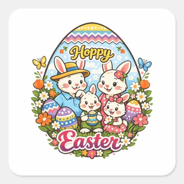Sticker Carré Hoppy Easter Colorful Cartoon Bunny Family Graphic (Devant)