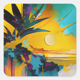 Sticker Carré Horizon Doré – Coucher de Soleil Tropical Abstrait