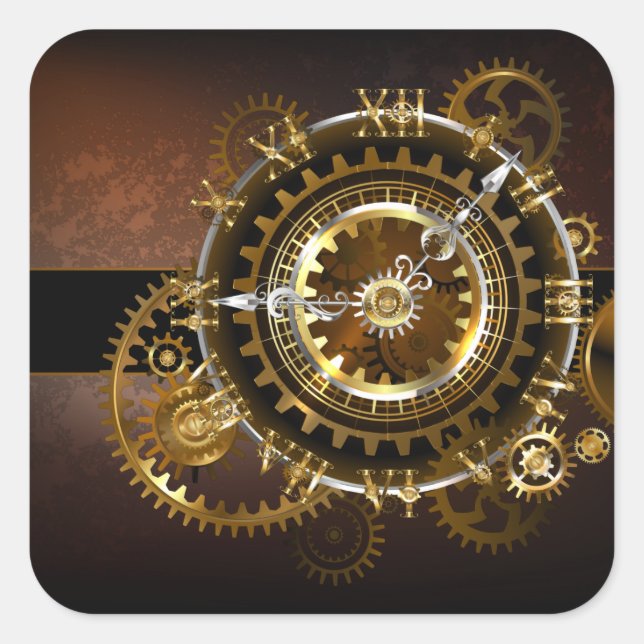 Sticker Carré Horloge Steampunk avec des engrenages anciens (Devant)
