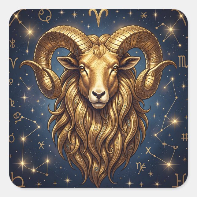 Sticker Carré Horoscope Sign Aries Golden Ram and Stars (Devant)