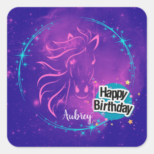 Sticker Carré Horse Galaxy Joyeux anniversaire Personnalisé