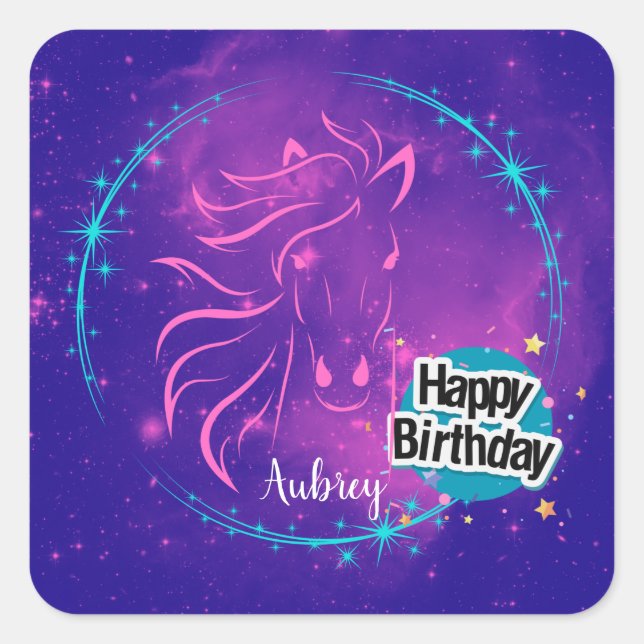 Sticker Carré Horse Galaxy Joyeux anniversaire Personnalisé (Devant)