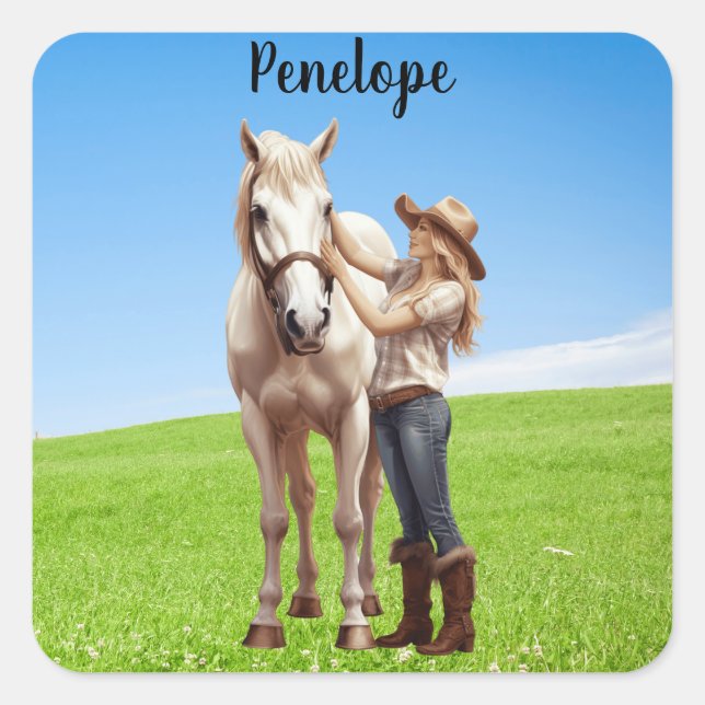 Sticker Carré Horse Girl Horseback équitation Meadow Personnalis (Devant)
