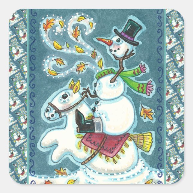 STICKER CARRÉ HORSEMAN SNOWMAN SANS TÊTE, HUMOUR XMAS HALLOWEEN, (Devant)
