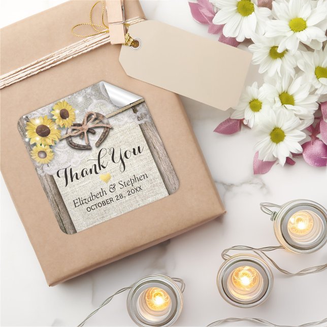 Sticker Carré Horseshoe Burlap dentelle Mariage Merci (Créateur téléchargé)