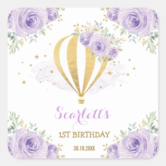Sticker Carré Hot Air Balloon Voyage aventure 1er anniversaire (Devant)