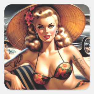 Sticker Carré Hot Beach Pin-up