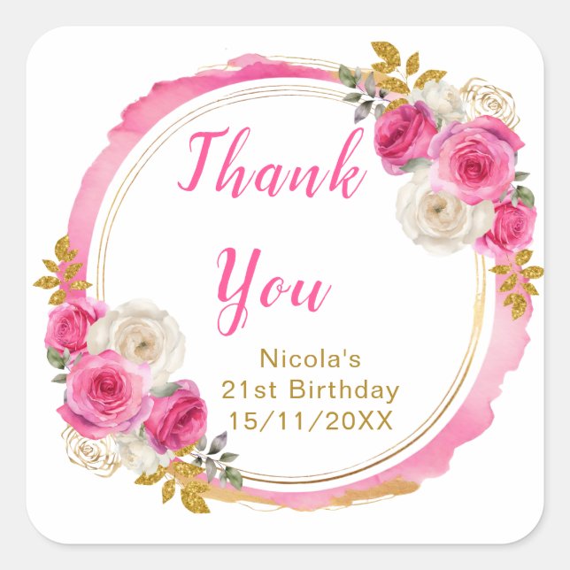 Sticker Carré Hot Pink and Gold Elegant Flowers Birthday Party (Devant)