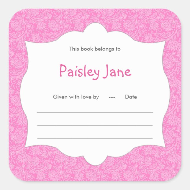 Sticker Carré Hot rose Damask Girl Book baby shower Bookplate (Devant)