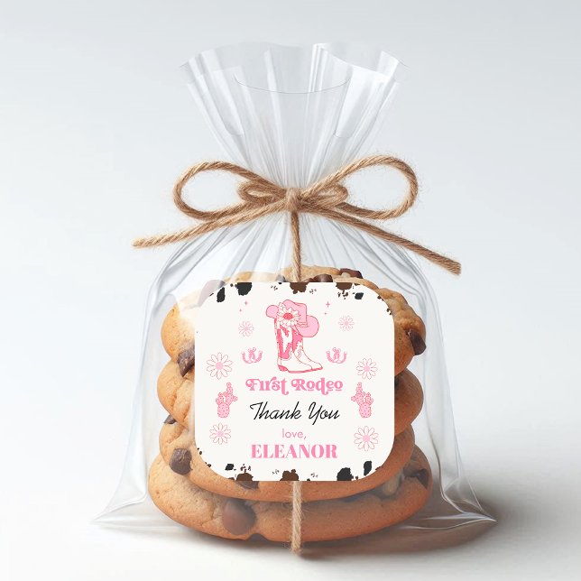 Sticker Carré Hot Rose Girls Premier Rodéo 1er Anniversaire Merc (Pink First Rodeo 1st Birthday Sticker, Cowgirls boots, Cowgirl Hat, First Rodeo Birthday Stickers)