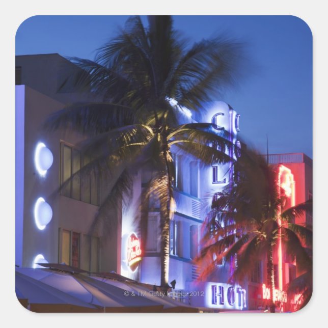 Sticker Carré Hôtel Neon la nuit, Ocean Drive, South Miami Beach (Devant)