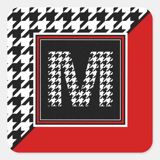 Sticker Carré Houndstooth et monogramme classiques | Blanc noir  (Devant)