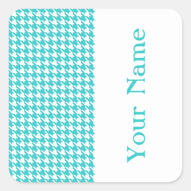 Sticker Carré Houndstooth moderne turquoise avec nom (Devant)