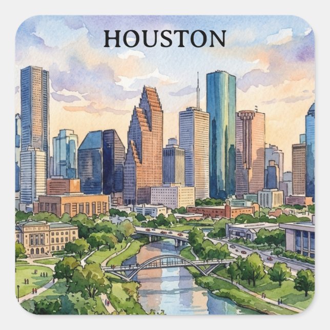 Sticker Carré Houston Texas Artwork Aquarelle Rétro (Devant)