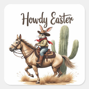 Sticker Carré Howdy Bunny de Pâques chevauchant un Cheval Cowboy