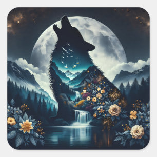 Sticker Carré Howling Wolf   Pleine lune Ai Art