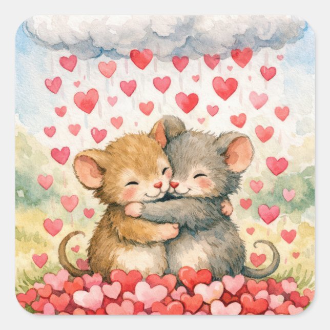 Sticker Carré Hugging Mice Under a Cloud of Hearts (Devant)