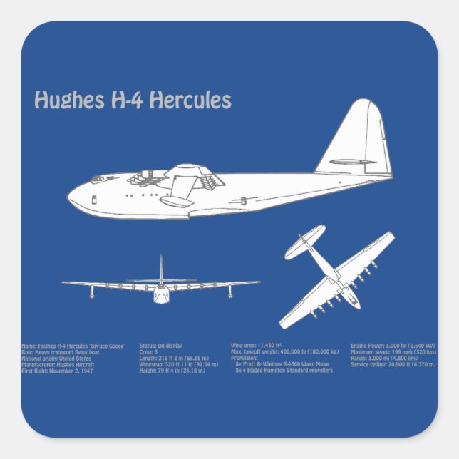 Sticker Carré Hughes H-4 Hercules Oie d'épinette - Plans d'avion (Devant)