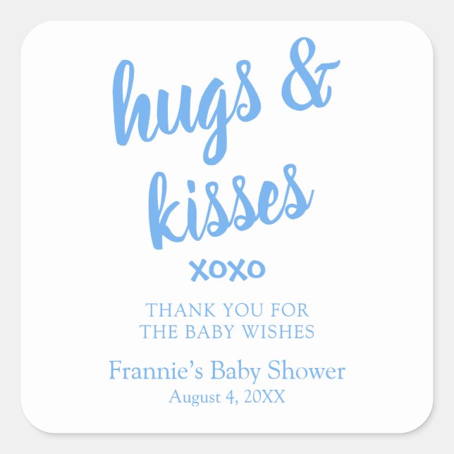 Sticker Carré Hugs & Kisses Blue merci Baby shower (Devant)
