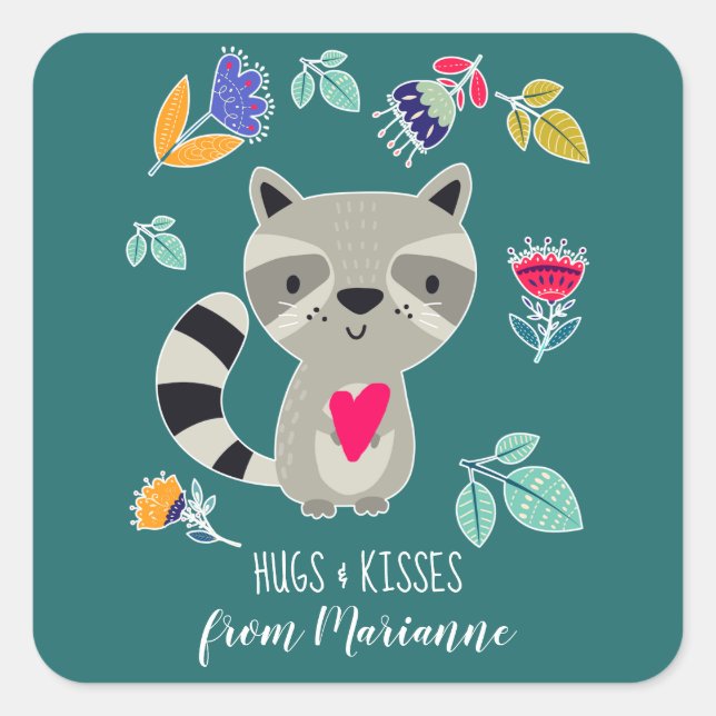Sticker Carré Hugs & Kisses Funny Raccoon Custom Valentine's Day (Devant)