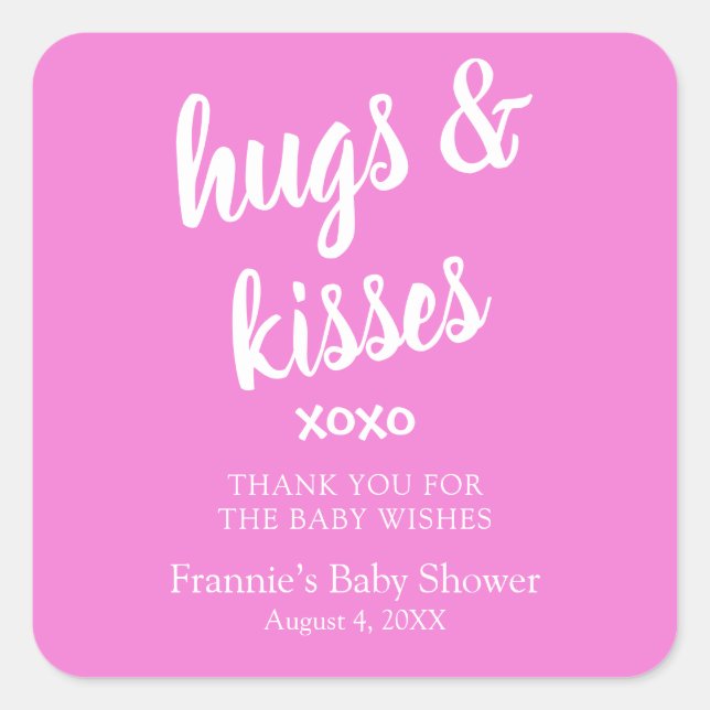 Sticker Carré Hugs & Kisses rose merci Baby shower (Devant)