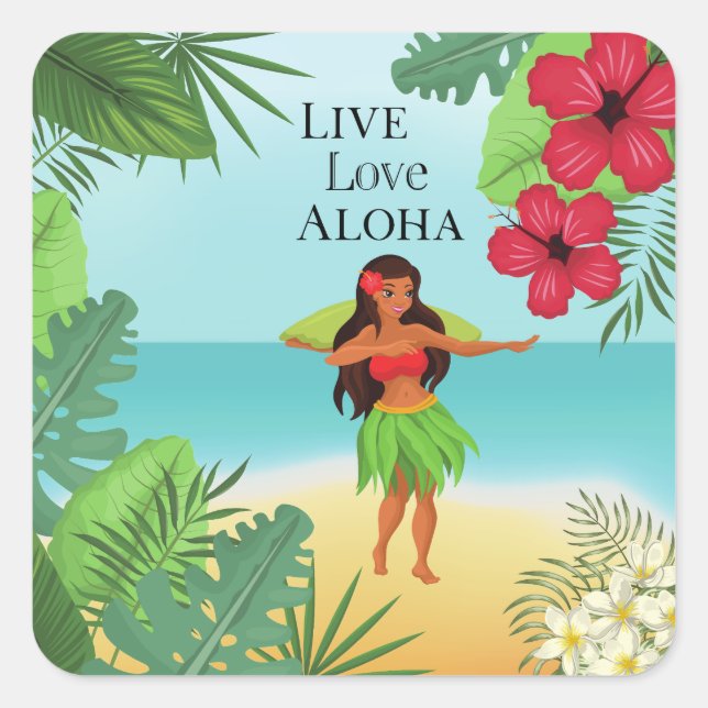 Sticker Carré Hula Girl Live Love Aloha (Devant)