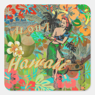 Sticker Carré Hula Vintage Floral Graphisme Floral Hawaii