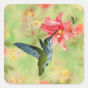 Sticker Carré Hummingbird and Pink Lily on Floral