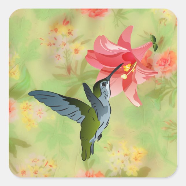 Sticker Carré Hummingbird and Pink Lily on Floral (Devant)