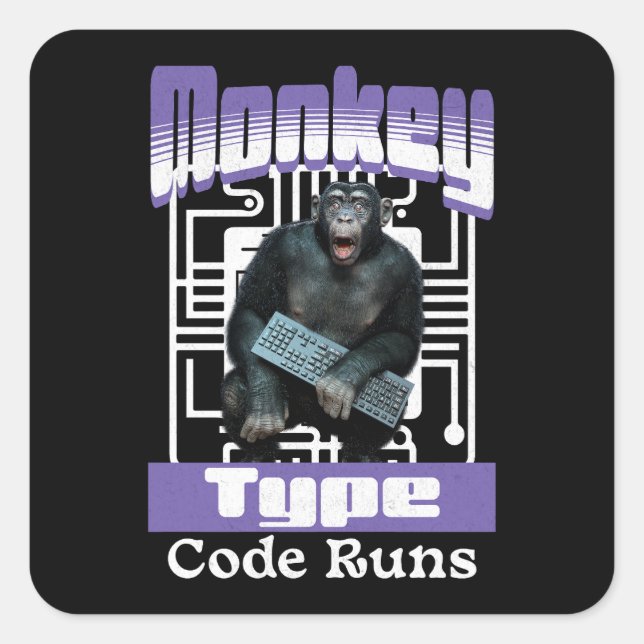 Sticker Carré Humour de programmeur sur le singe qui tape du cod (Devant)