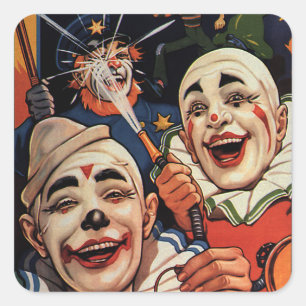 Sticker Carré Humour Vintage, Clowns de Cirque qui Rigolent et P