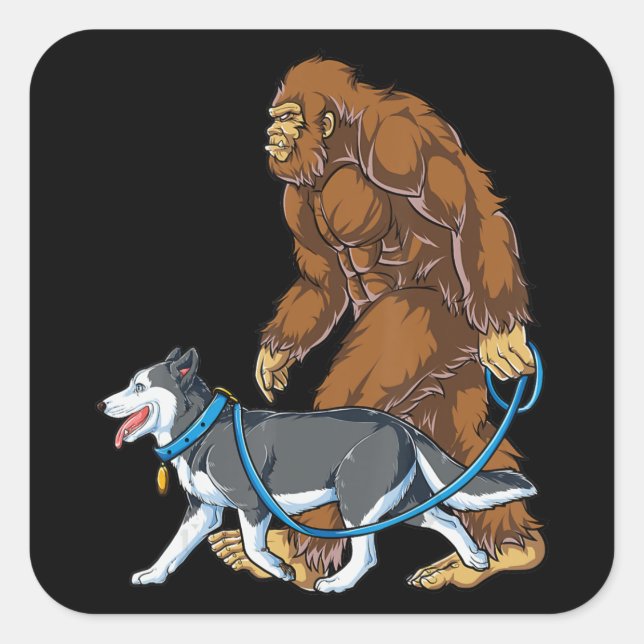 Sticker Carré Husky | Bigfoot Dog Walk Siberian Husky Sasquatch (Devant)