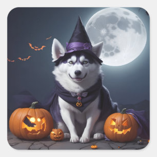 Sticker Carré Husky Chien Halloween Aventure Lune Magie Éffrayan