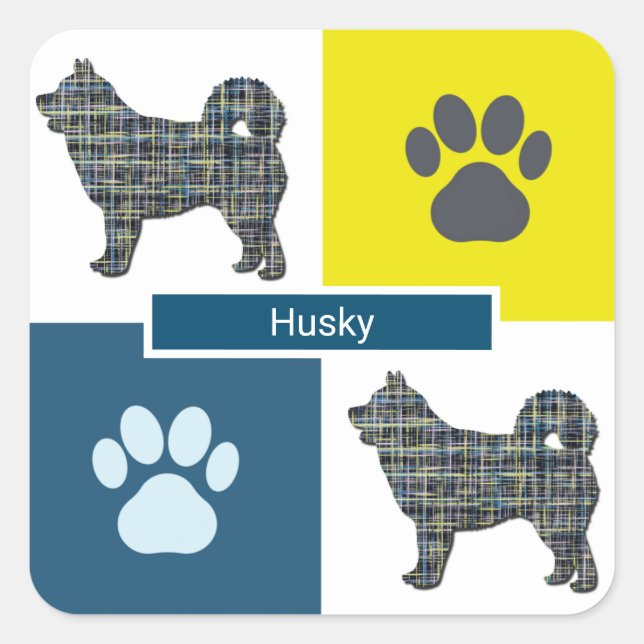 Sticker Carré Husky Dog & Paw Y&B Grid (Devant)