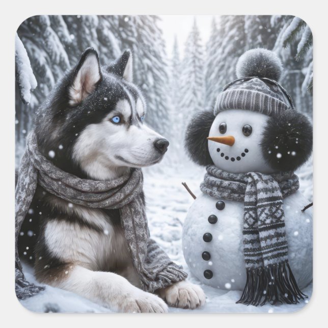 Sticker Carré Husky et Snowman dans les bois d'hiver (Devant)