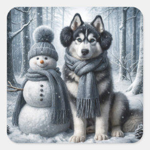 Sticker Carré Husky Sibérien Avec Snowman