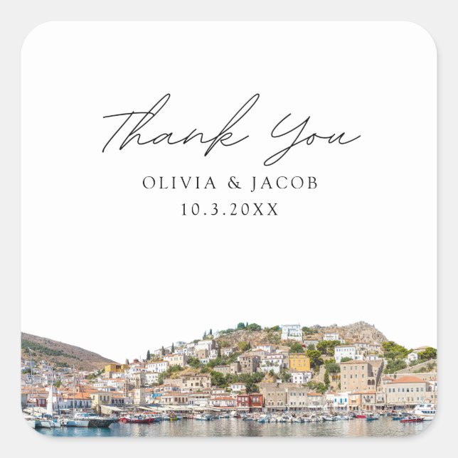Sticker Carré Hydra Grèce Mariage Favor Merci (Devant)