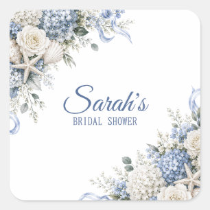 Sticker Carré Hydrangea Coastal Bridal Shower Personnalisé