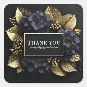 Sticker Carré Hydrangea Élégant Noir et Feuille d'Or Luxe Flora