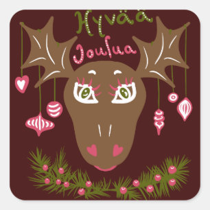 Sticker Carré Hyvää Joulua Oie de Noël mignonne avec ornements