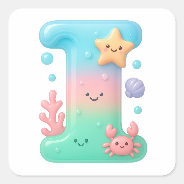 Sticker Carré "I" Cute Letter - Underwater Sea Creature (Devant)