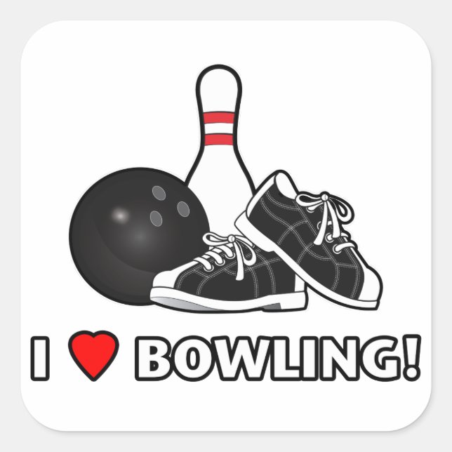 Sticker Carré I Love Bowling with Ball, Chaussures and Pin (Devant)
